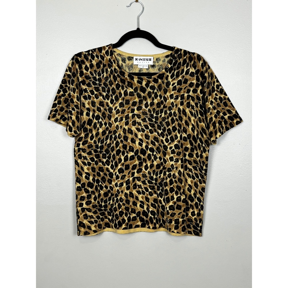 Joan Leslie Petite Womens Leopard Print Knit Top Shortโ Sleeve Sweater Brown M